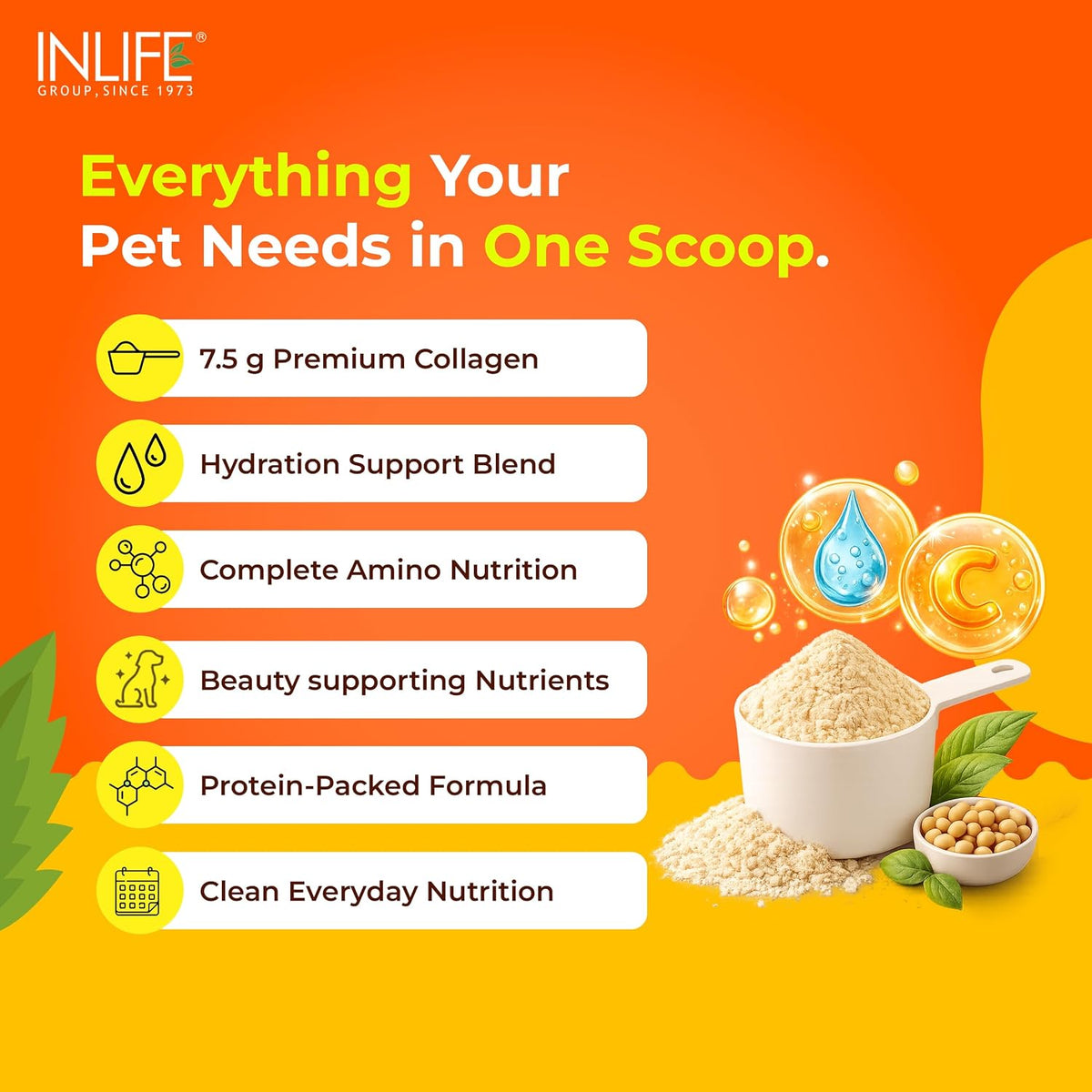 INLIFE Collagen Peptides Supplement Dogs Cats, Glucosamine 200g Orange | Joint Lubrication, Synovial Fluid, Immune Health, Antioxidant Activity, Human Grade, Palatable