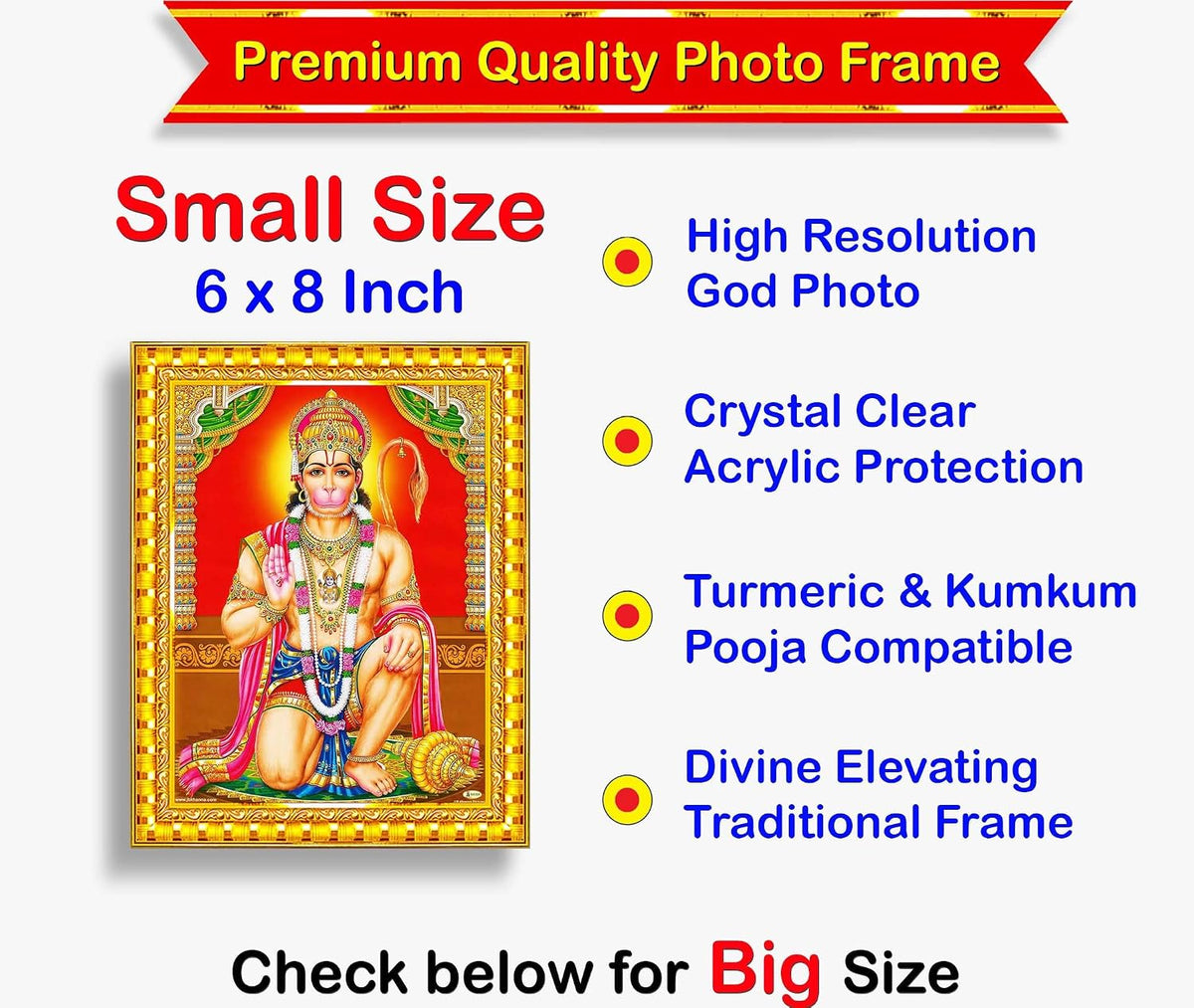 Lord Hanuman Ji Hanumanji Jai Bajrangbali Wall Painting Framed Home Decor (Wood,Acrylic,Gold,Small Size,6x8 Inch) R756S