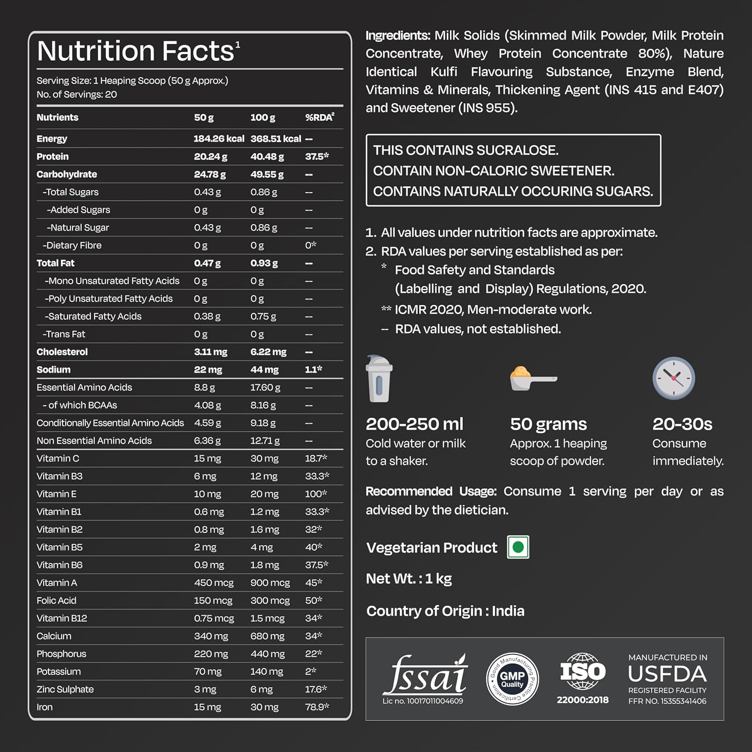 Nutrition facts label for a protein supplement on a dark background