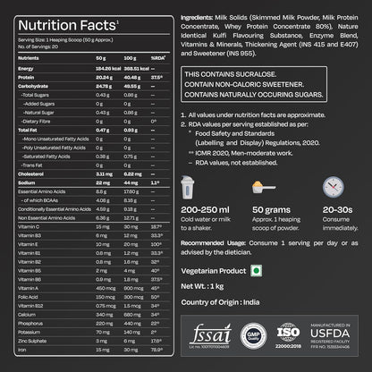 Nutrition facts label for a protein supplement on a dark background