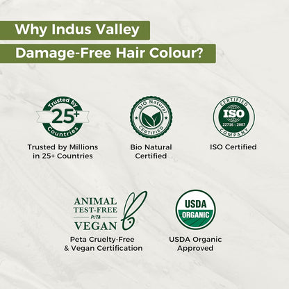 Indus Valley hair color product with certification logos on a white background