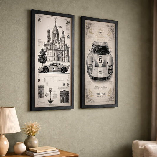 Vintage Automotive Blueprint Wall Art Set of 2, Classic Race Car Technical Drawing Prints, Retro Monochrome Car Decor, Wooden Framed Posters for Living Room, Office & Garage (Art-10, 10x19 Inch)