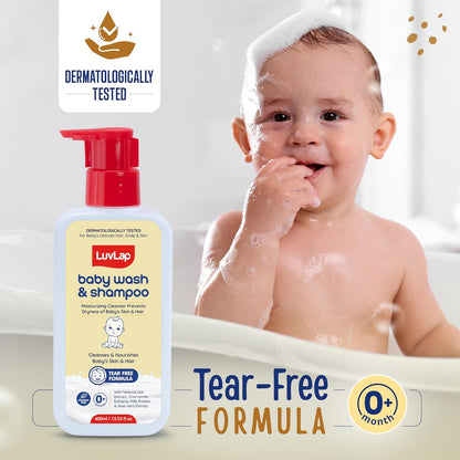 LuvLap Baby Wash & Shampoo -400ml, Milky Soft Head to Toe Wash With Oatmeal & Shea Butter, Paraben Free, Tear Free, Rich Moisturised Skin & Soft Hair, 2 in 1 Baby Body Wash, Dermatologically Tested
