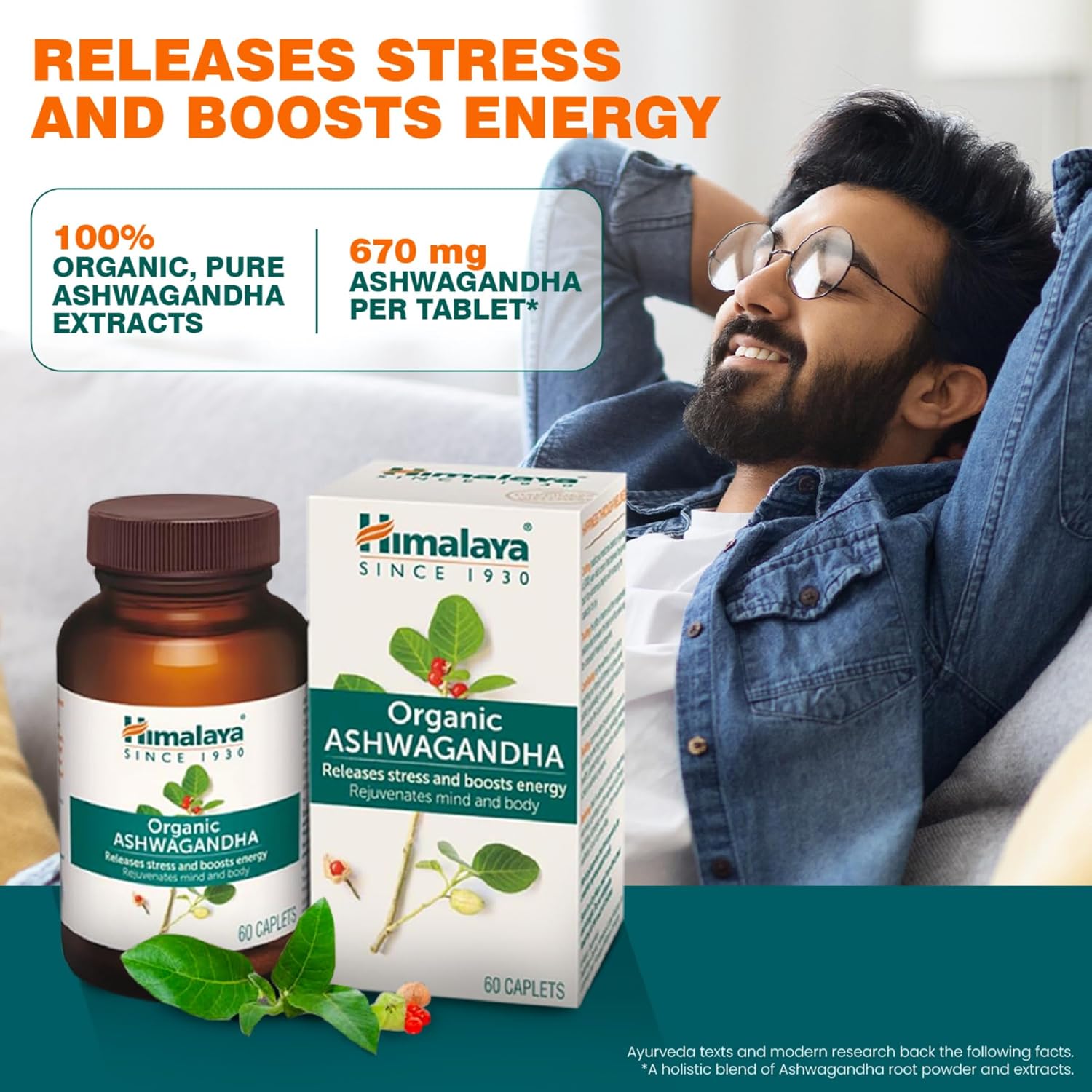 Himalaya Organic Ashwagandha supplement with a man relaxing in the background