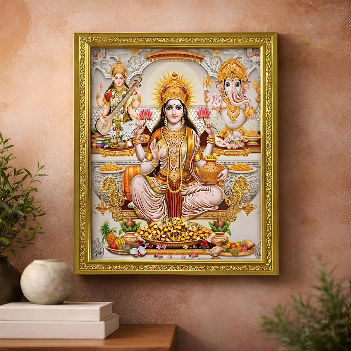Lakshmi With Ganesha and Saraswati Photo Painting with Golden Frame for Temple - (14 x 12 Inches)
