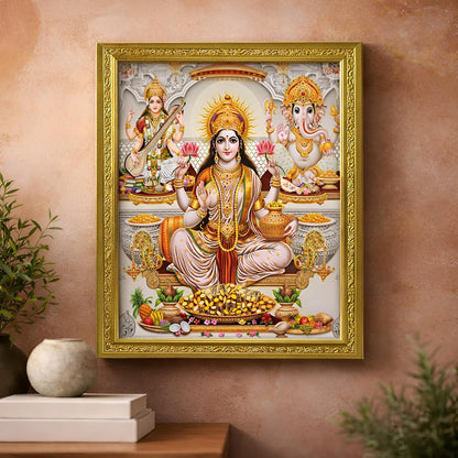 Lakshmi With Ganesha and Saraswati Photo Painting with Golden Frame for Temple - (14 x 12 Inches)