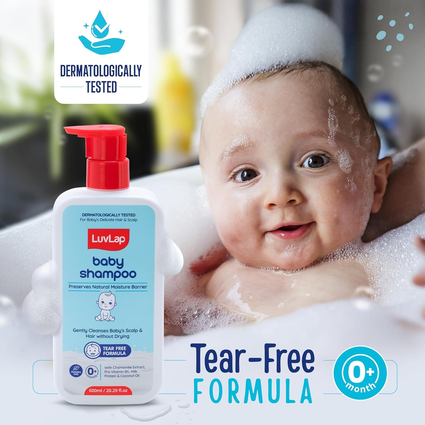 LuvLap Milky Soft Baby Shampoo - 600ml, Tear Free Formula, Ph 5.5,With Milk Protein, Vitamin E & Coconut Oil, Shea Butter & Chamomile, Soft & Shiny Hair, No Paraben, Dermatologically Tested