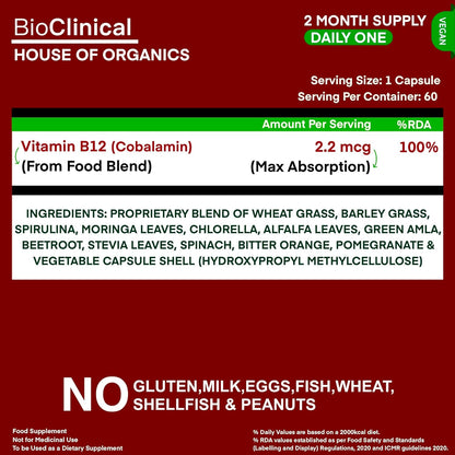 BioClinical Plant Based Vitamin B12 Supplement for Men & Women -2 Months- Organic Vit B 12 - Nature made Ayurvedic Rasayana & Green Food -For Stress In Life,Nerve & Brain Health -60 vegan capsules