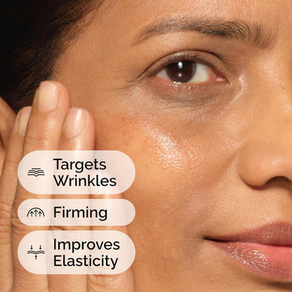 Close-up of a woman's face with text highlighting skincare benefits