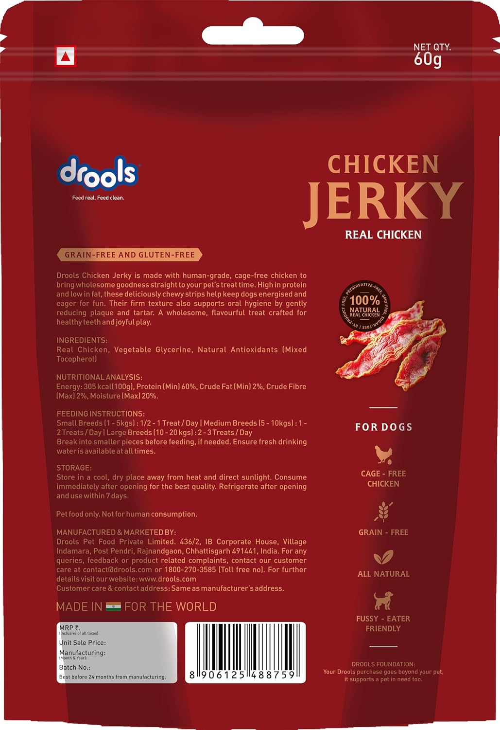 Drools Adult Dog Treat Chicken Jerky 60g | Real Chicken Flavour | No Grains | No Gluten | Prevent Food Allergy or Sensitivity | Firm Texture | Chewy Nature