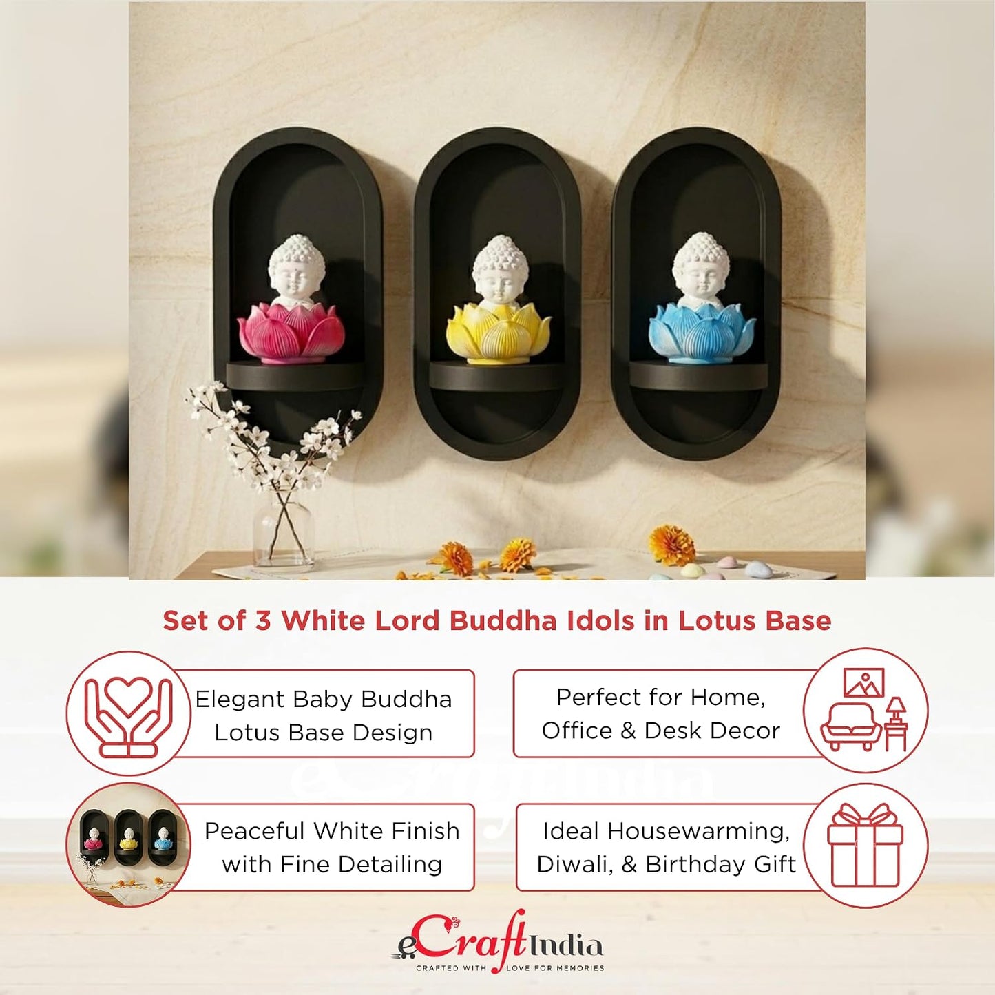 eCraftIndia Set of 3 White Lord Buddha Idols in Lotus Base | Baby Buddha Statues for Car Dashboard Office Home Decor | Gift for Diwali Housewarming Birthday