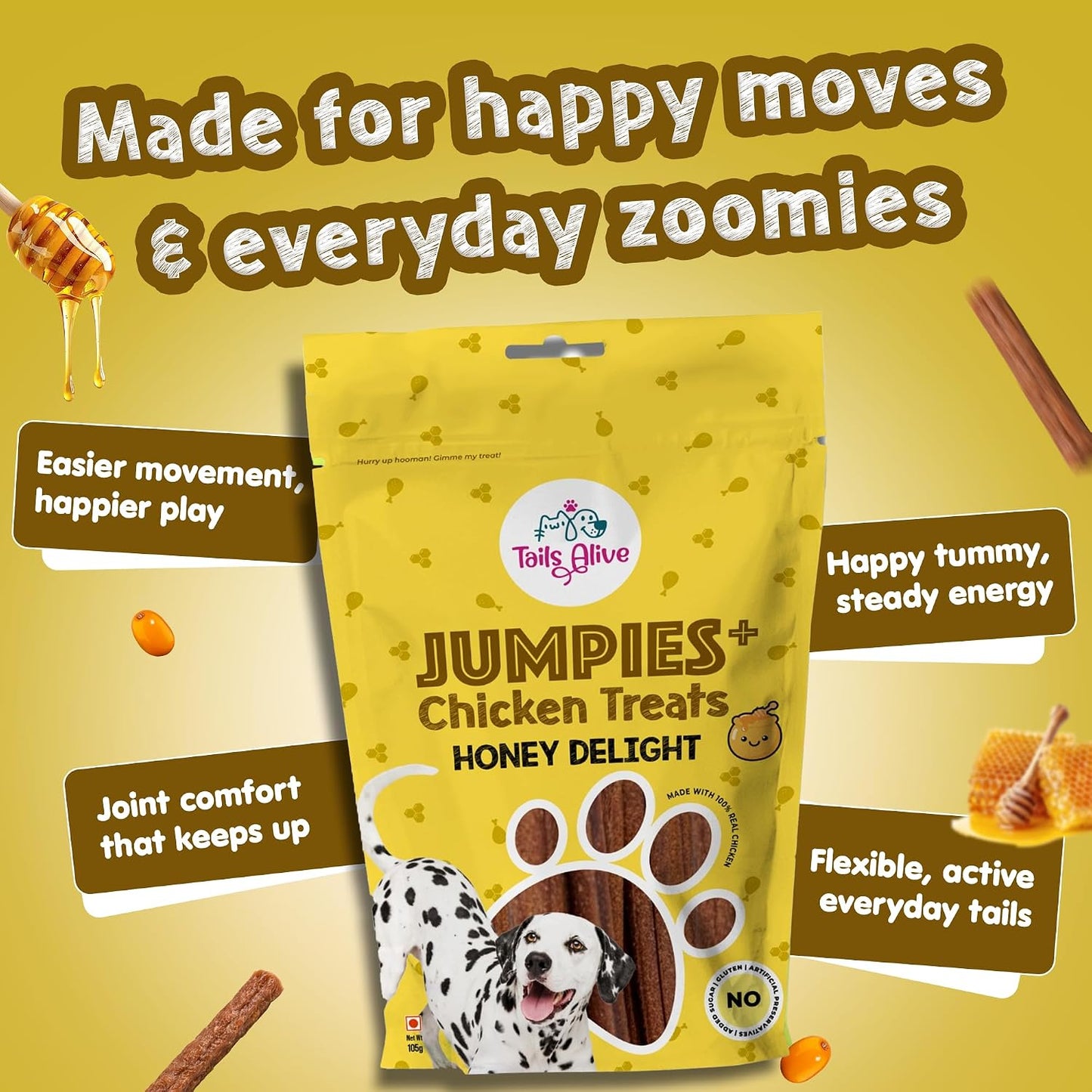 TailsAlive Jumpies+ Treats for Dogs | Joint & Mobility Support | No Added Sugar | Ashwagandha, Green-Lipped Mussel & Boswellia | Honey Delight | 100g