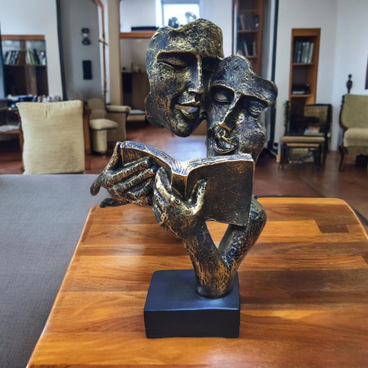 2 Faces Reading Book Modern Art Showpiece for Home Decor | Handcrafted | Antique Color | Resin Statue | Sculpture Table Art Decoration | Kitchen Decor | Gold | Couple