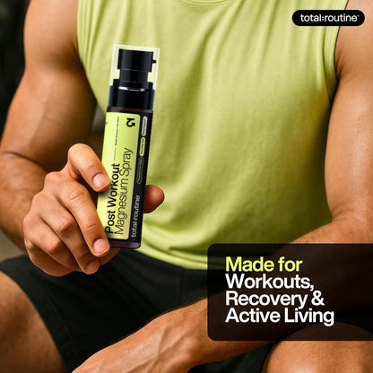 Person holding a magnesium spray with 'total-routine' branding, promoting workout recovery.
