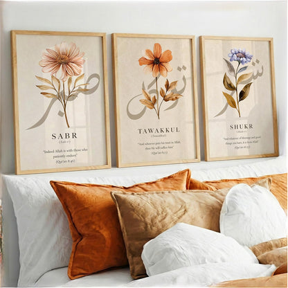 Islamic Wall Art Set of 3 Framed Paintings for Living Room | Sabr Tawakkul Shukr Arabic Calligraphy Floral Wall Frames | Muslim Home Decor Elegant Quote Wall Painting (Design 8, 13x19 INCHES)