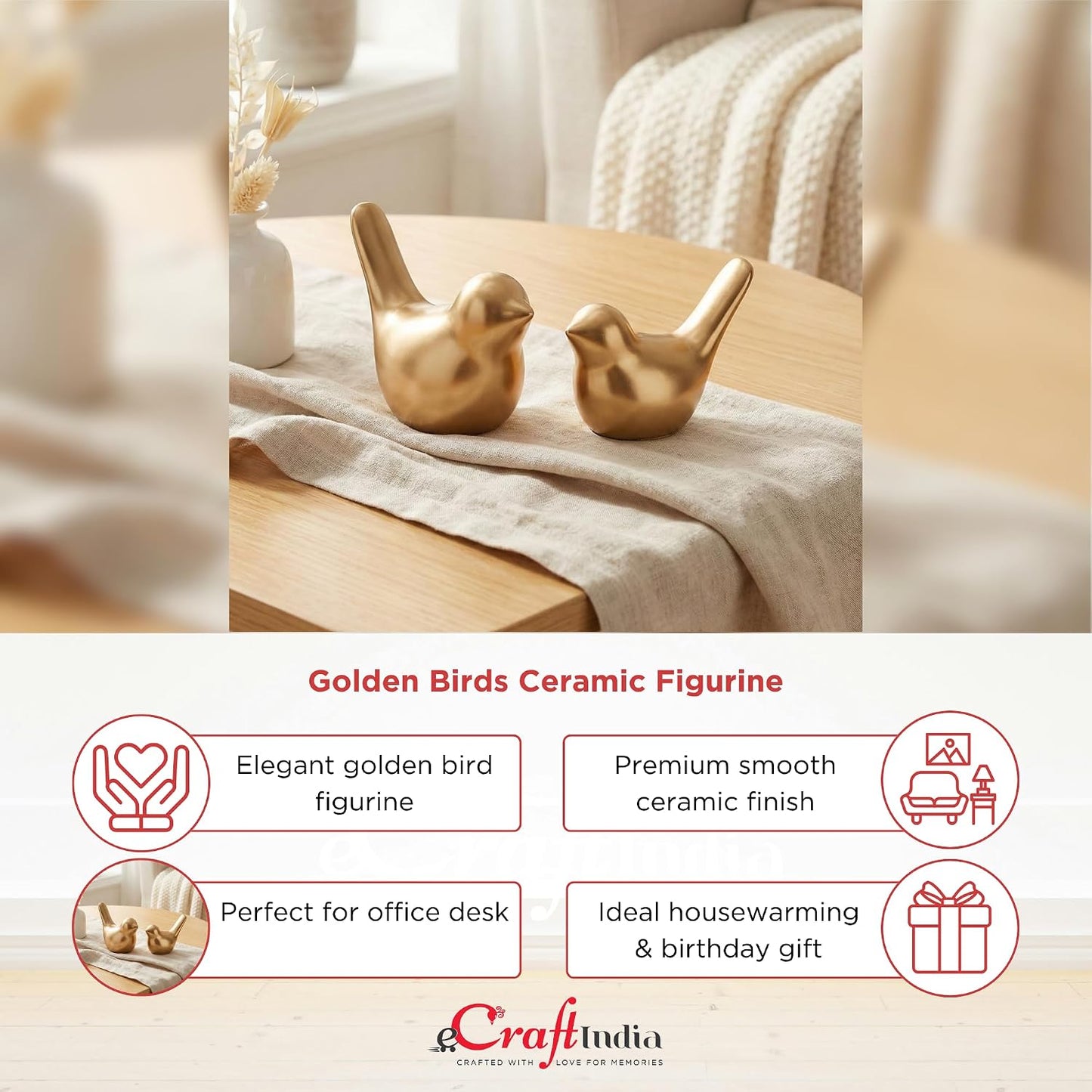eCraftIndia Ceramic Golden Birds Figurine Showpiece for Home Decor Living Room Bedroom Office Desk Gift