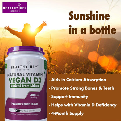 Vegan D3 supplement bottle with sunset background and promotional text.