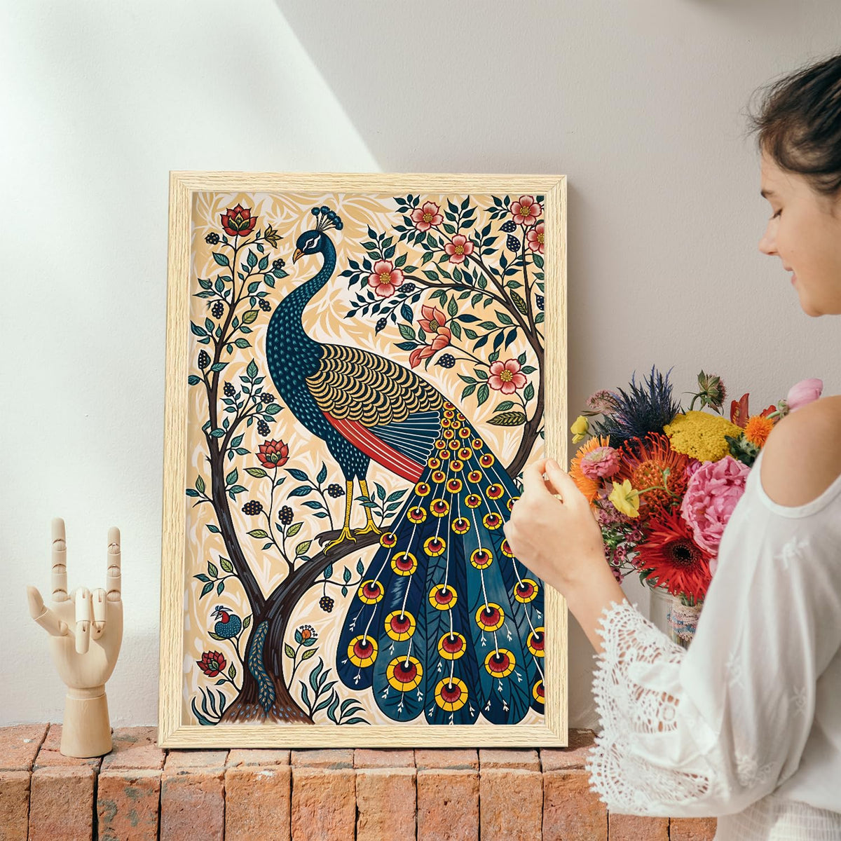 Peacock Painting For Wall Vastu with Frame for Home Decoration, Madhubani Painting for Living Room, 12.0 X 18.0 inches, Set Of 1