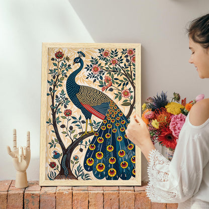 Peacock Painting For Wall Vastu with Frame for Home Decoration, Madhubani Painting for Living Room, 12.0 X 18.0 inches, Set Of 1