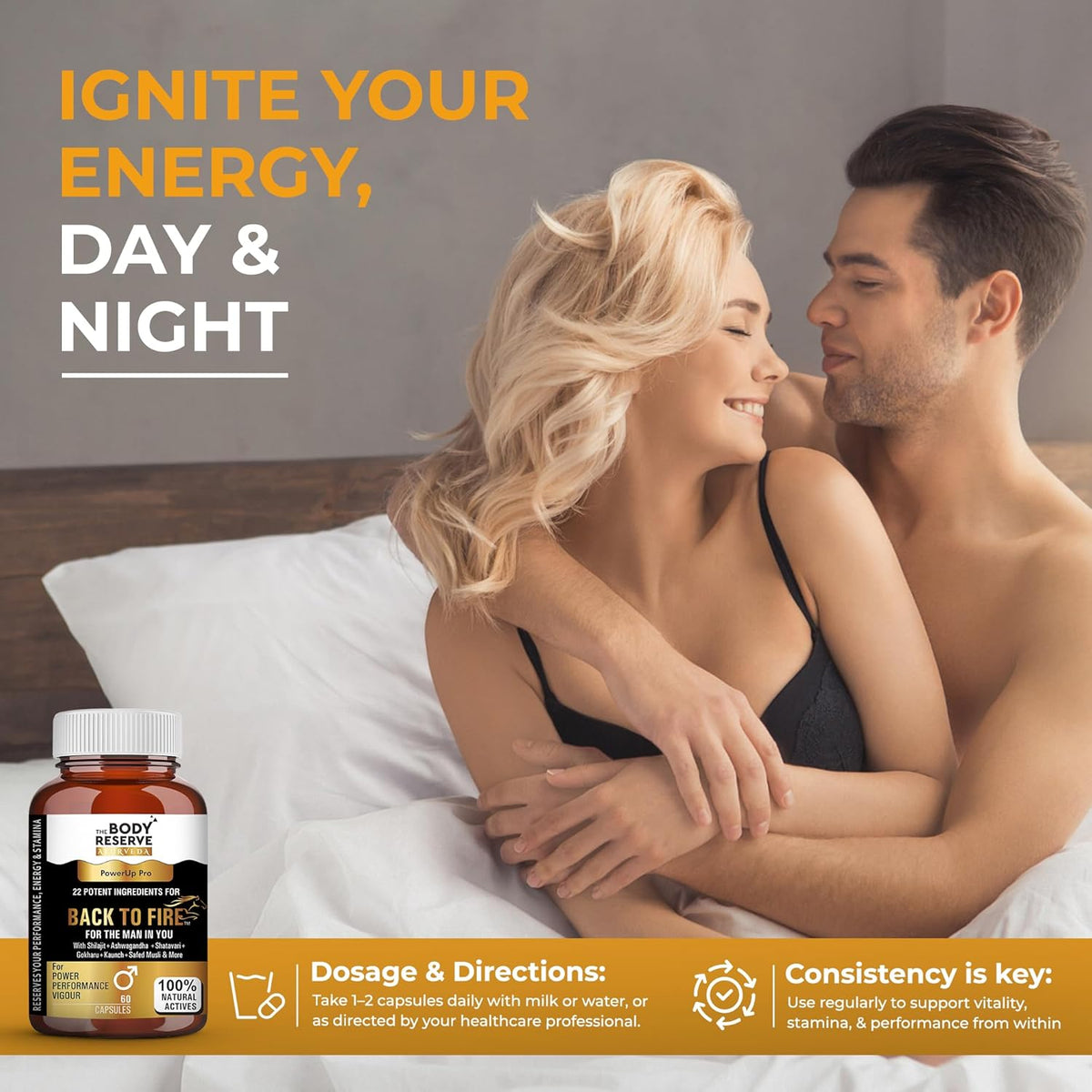 Advertisement for a supplement with a couple embracing in bed, featuring text 'Ignite Your Energy, Day & Night'.