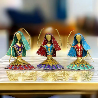Set of 3 Kalbeliya Dancers Metal Decor Items for Living Room Showcase, Bedroom, Tabletop Decor, Traditional Rajasthani Dancers Decorative Showpieces (Kalbeliya)