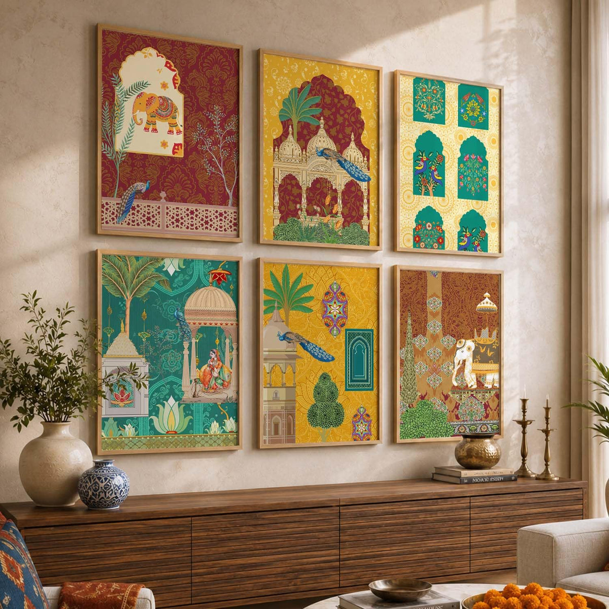 Indian Madhubani & Pichwai Wall Art | Traditional Framed Paintings for Living Room, Bedroom & Office Decor | Set of 6, 10x13 Inch