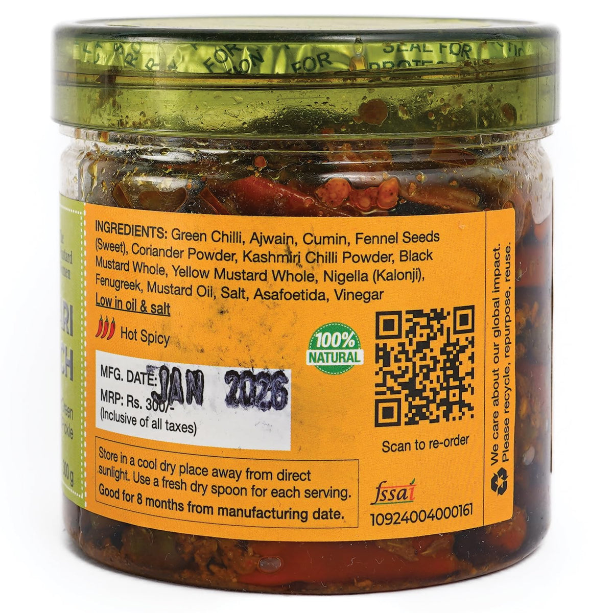 The Mustard Woman Hari-Bhari Mirch Pickle 300 g | Himachali Green Chilli Achar | Chopped Hari Mirch Homemade Style Spicy & Flavorful Indian Pickle | No Artificial Preservatives