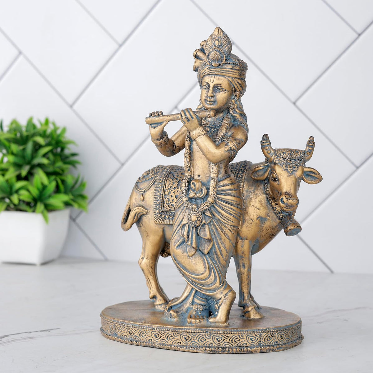 Krishna Cow Idol Statue Showpiece for Pooja Home Decor Items for Living Room and Gifts-A_GOL_BLU-KRN5