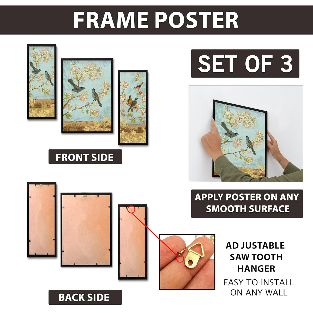Wood Rectangular Wall Painting Frames For decor, Pictures Frame For Living Room, Home Decoration, Bedroom, Set of 3, 1pc- 23 x 30 cm, 2pc- 12.5 x 30 cm (Design 3) Multi