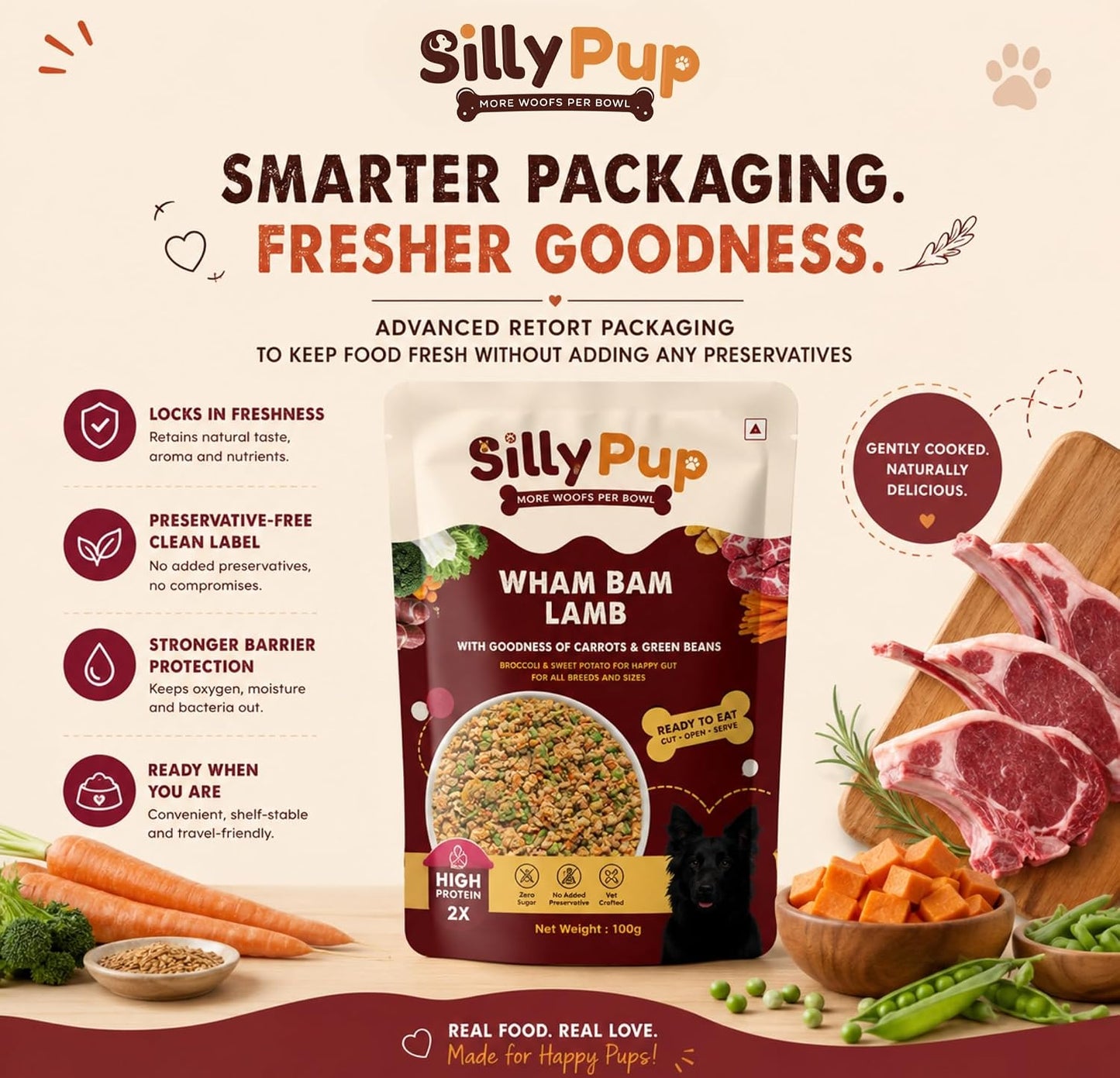 Silly Pup Wham Bam Lamb | Premium Cooked Wet Dog Food | Real Lamb, Red Lentils & Vegetables | Turmeric, Brewer's Yeast & Flaxseed | Lab Tested | No Preservatives | Vet Crafted (1 Pouch - 100g)