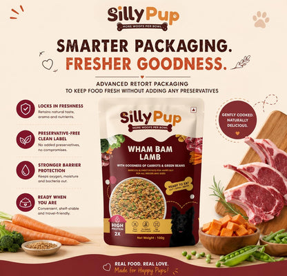 Silly Pup Wham Bam Lamb | Premium Cooked Wet Dog Food | Real Lamb, Red Lentils & Vegetables | Turmeric, Brewer's Yeast & Flaxseed | Lab Tested | No Preservatives | Vet Crafted (1 Pouch - 100g)