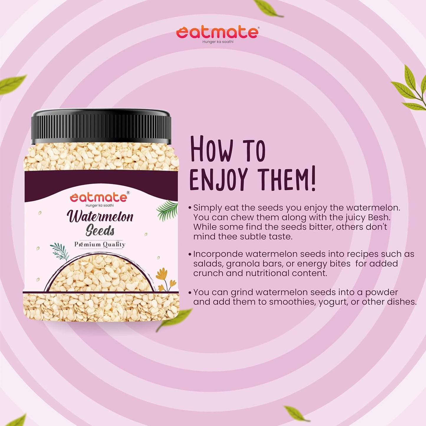 Eatmate Raw Watermelon Seeds 250g | Protein-Rich Superfood | Non-GMO Tarbuj Beej | Gluten-Free Magaj Seeds for Eating, Snacking, Baking, Salads and Trail Mix | Nutrient-Dense Antioxidant Source
