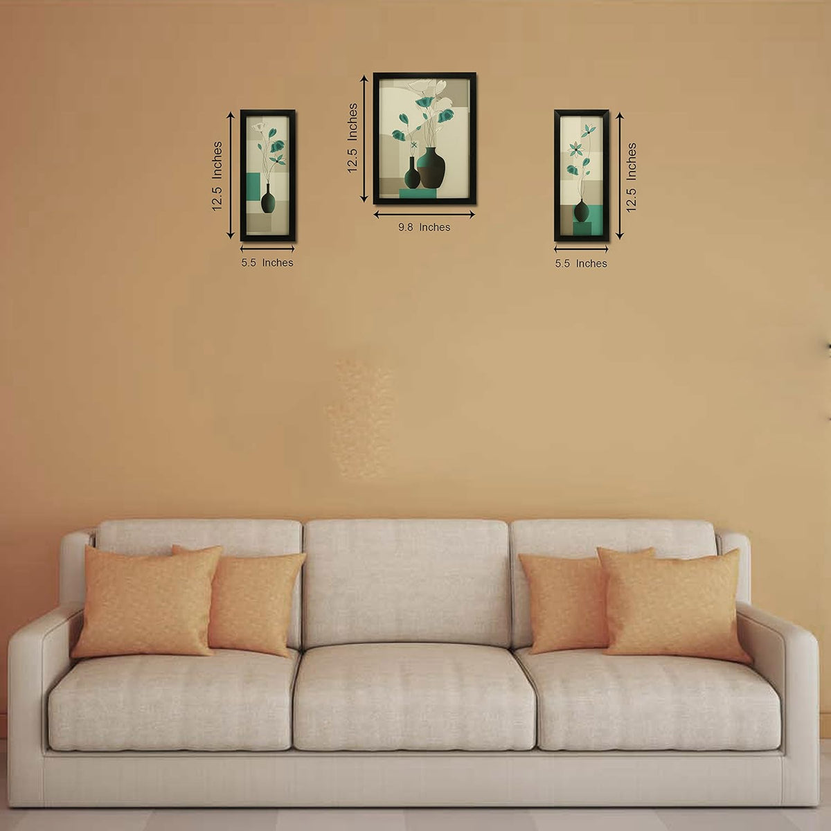 3 Pc Set Of Floral Paintings Without Glass 5.2 X 12.5, 9.5 X 12.5, 5.2 X 12.5 Inch