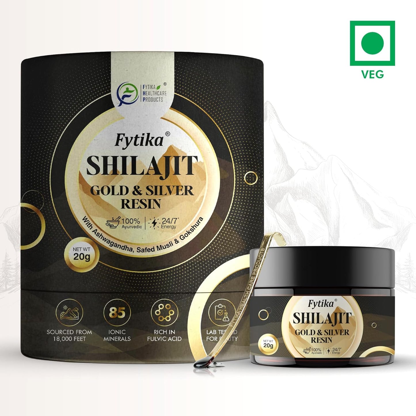 Fytika Shilajit Gold & Silver Resin packaging on a white background
