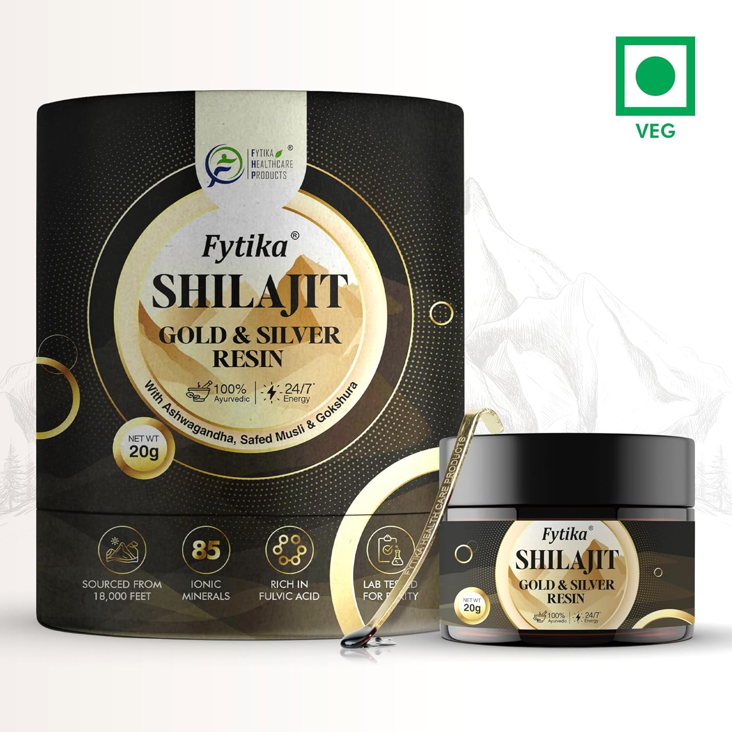Fytika Shilajit Gold & Silver Resin packaging on a white background