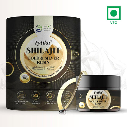 Fytika Shilajit Gold & Silver Resin packaging on a white background