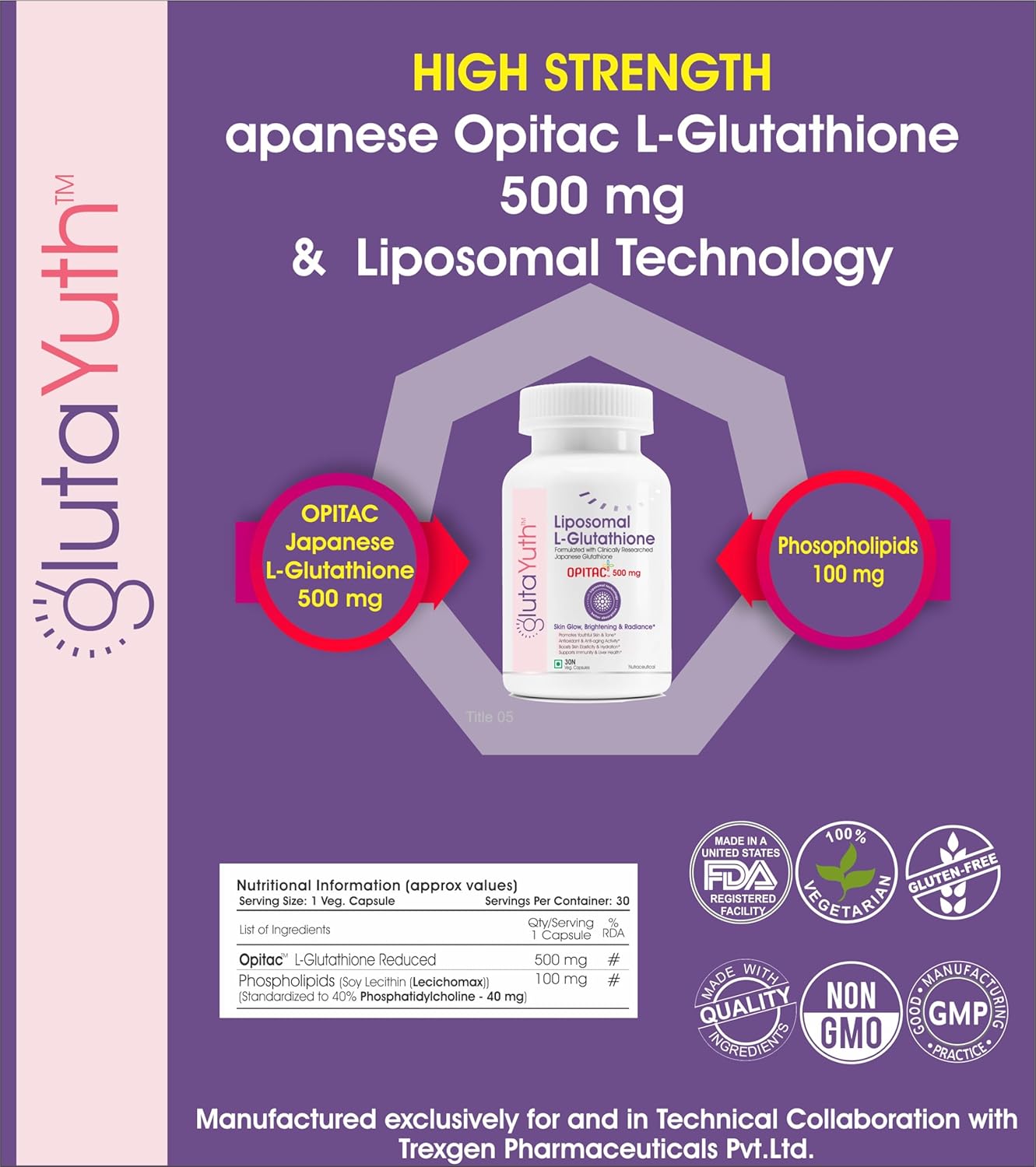 GlutaYuth supplement packaging with L-Glutathione and liposomal technology on a purple background