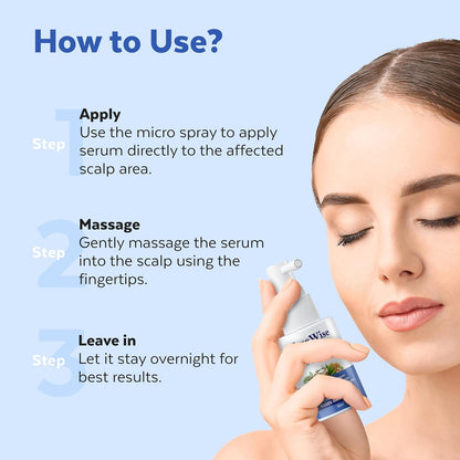 Woman applying scalp serum with text on how to use it