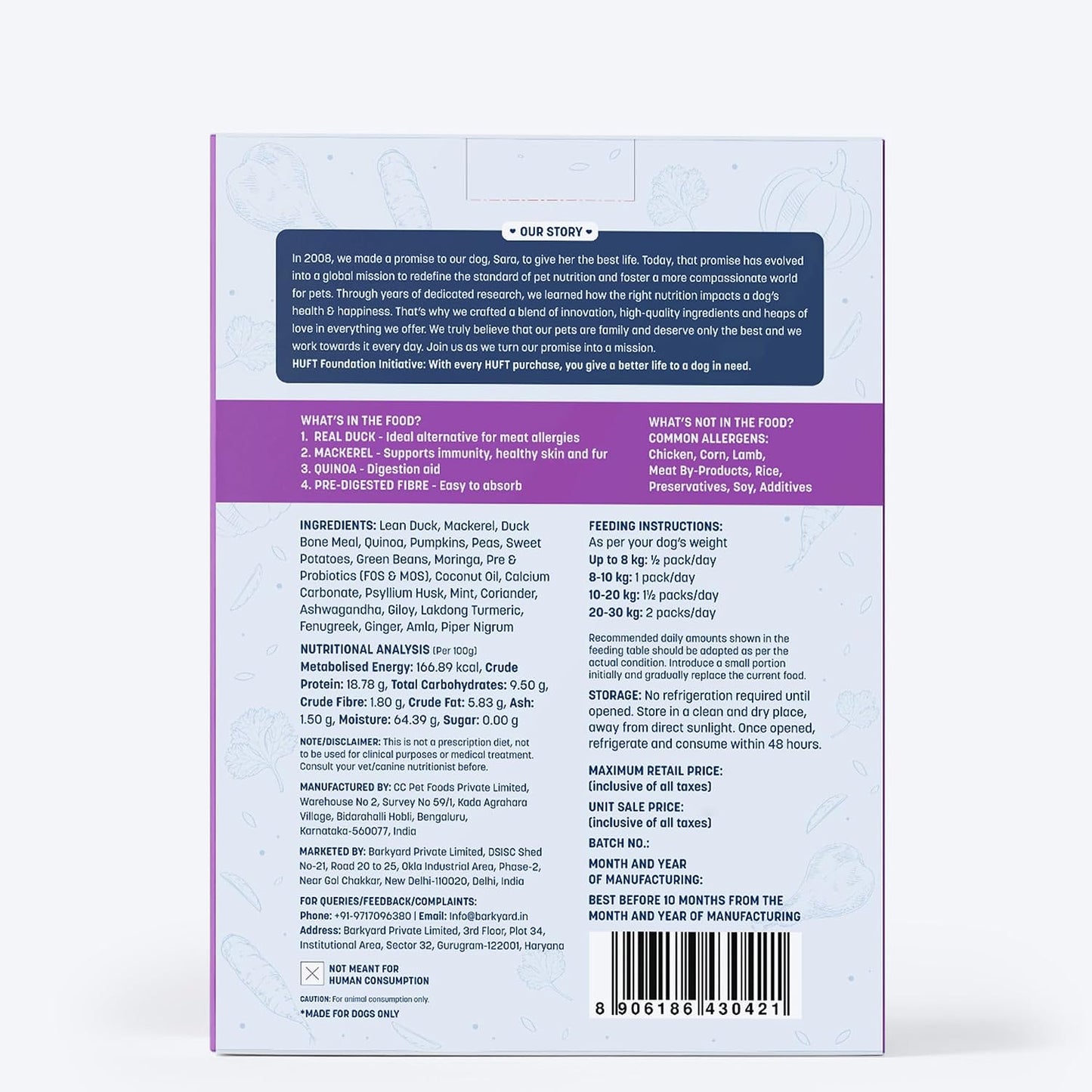 Sara's Wholesome by HUFT Duck & Quinoa – 300 gm | Wet Dog Food | Natural Hypoallergenic Recipe with Added Vitamins & Minerals | Gluten Free | Vet Approved | All Life Stages