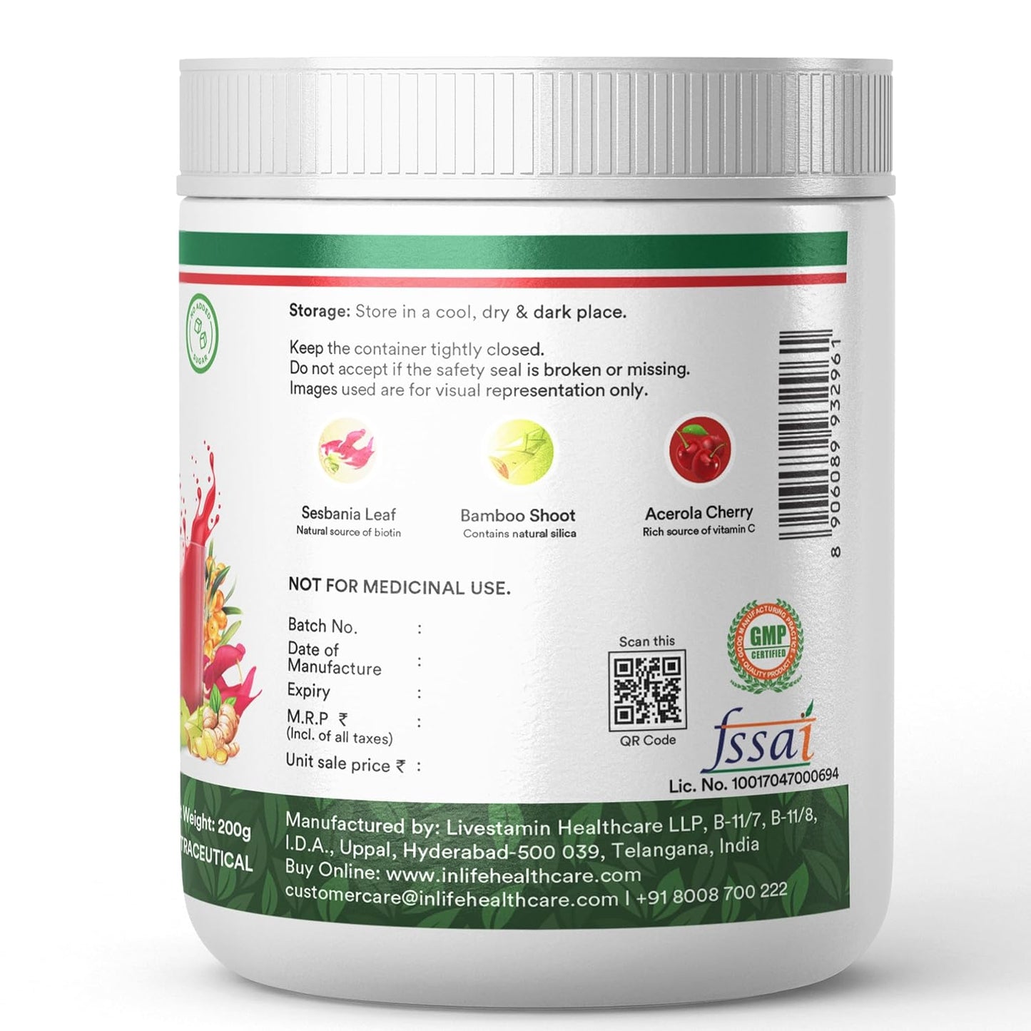 INLIFE Collagen Builder Supplements For Women and Men | Plant Based Collagen Powder for Skin & Hair with Biotin from Sesbania, Vitamin C, Silica, Hyaluronic Acid, Vitamin E, 200g (Fruit Punch)