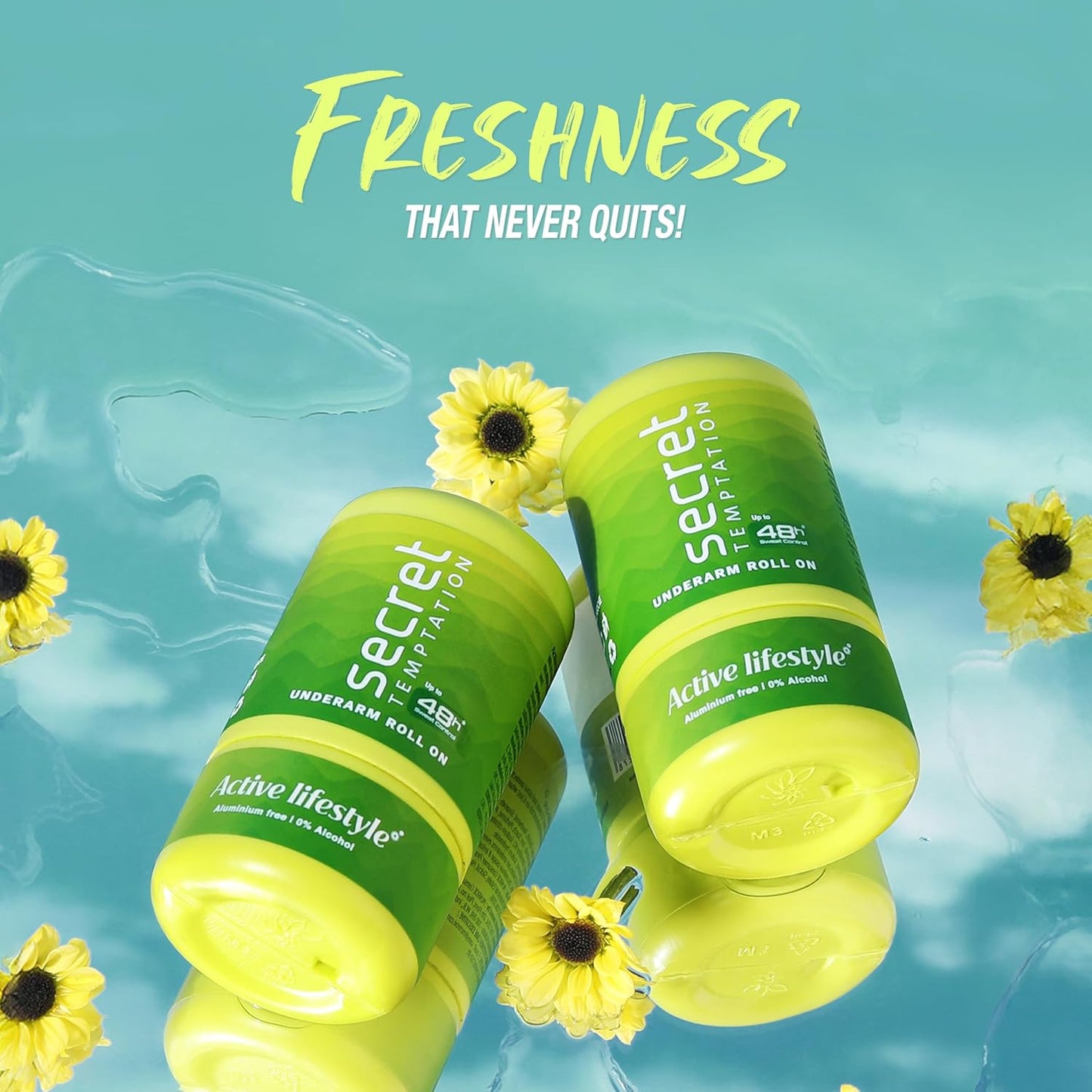 Two bottles of Secret Active Lifestyle underarm roll on with yellow flowers on a blue water background.