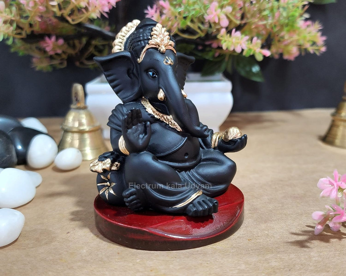 Handcrafted Poly Resin Ganesha Statue with Base - Perfect for Car Dashboard, Office Desk, Shelves, and Home Decor - Ideal Housewarming Gift! (Gaddiblackwithbase)