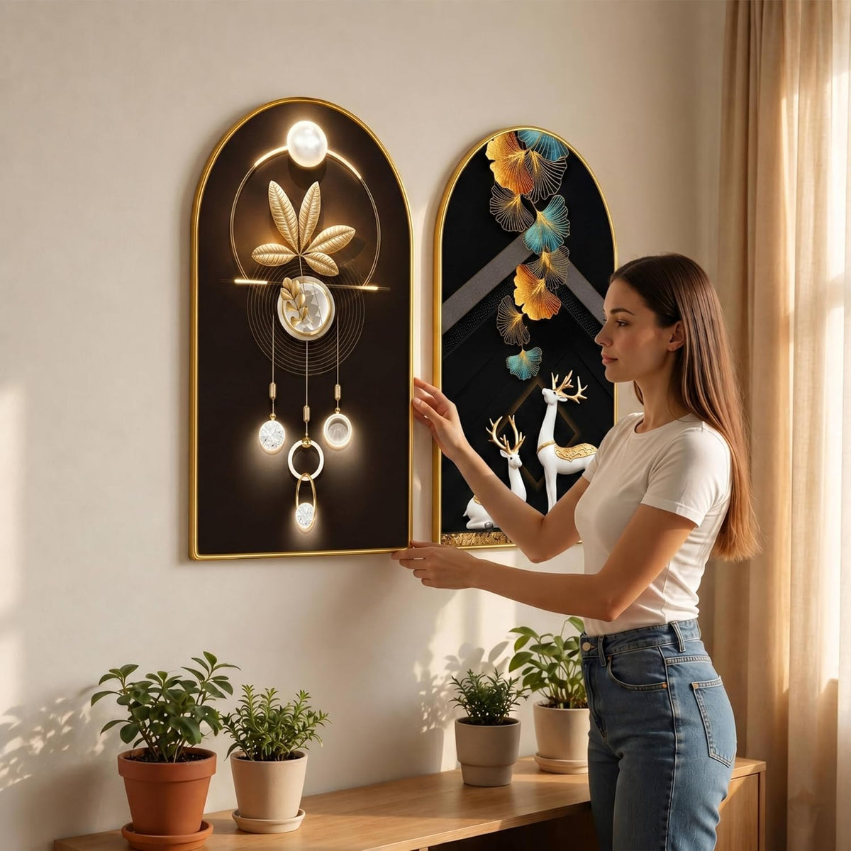 Set of 2 Abstract Wall Painting for Living Room, Deer & Golden Leaf Modern Artwork, PVC Golden Frame, Arch Shape Wall Decor for Bedroom, Hall, Office & Gift (30 x 32 Inch) RPNL-02-110