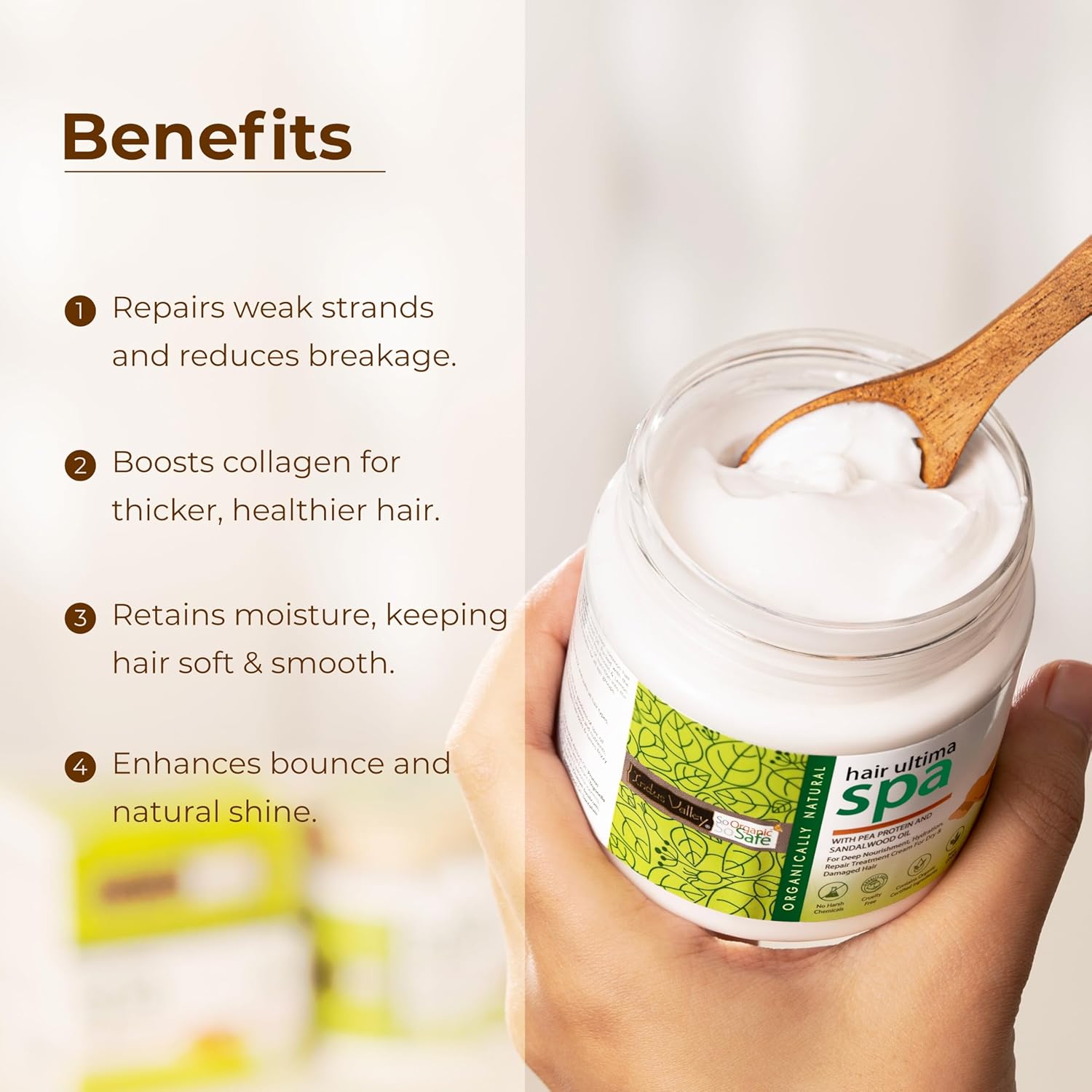 Jar of hair care product with a wooden spoon, labeled 'hair ultima spa', and text listing benefits on the left.
