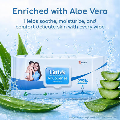 Little's 99.9% Pure Water AquaSense Baby Wipes | Unscented | with Aloe Vera | Pack of 3 X 72 Wipes | Plant-based | 100% Biodegradable | No Paraben