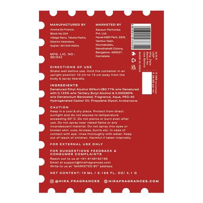 Back label of a perfume bottle with text and product details on a white background