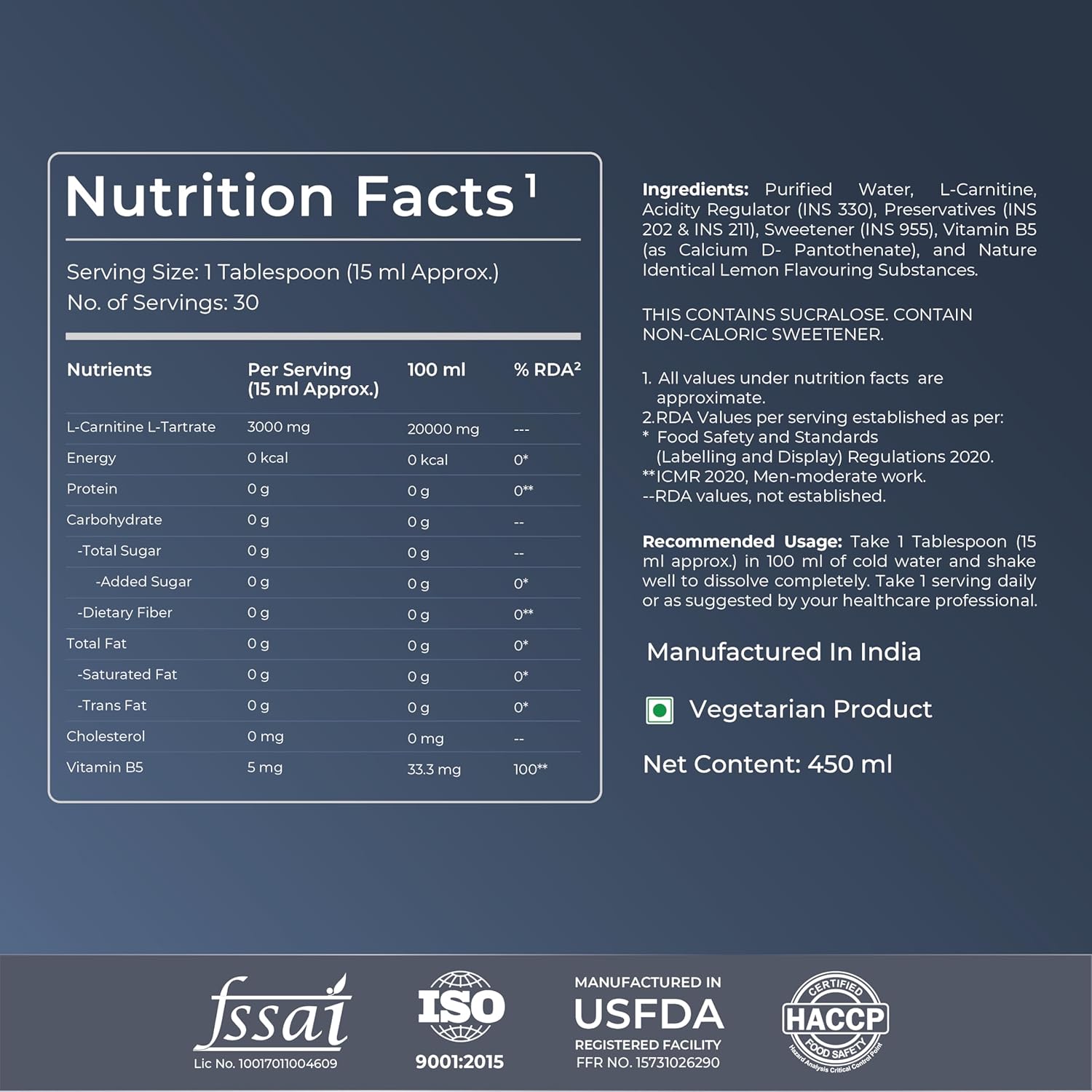 Nutrition facts label with product details on a blue background