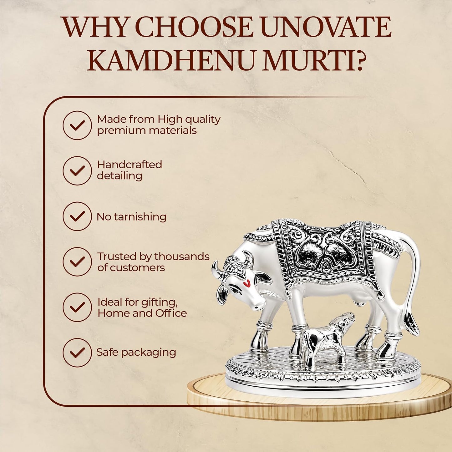 UNOVATE Kamdhenu Cow Idol for Home Temple, Pooja Room & Office Desk, Silver