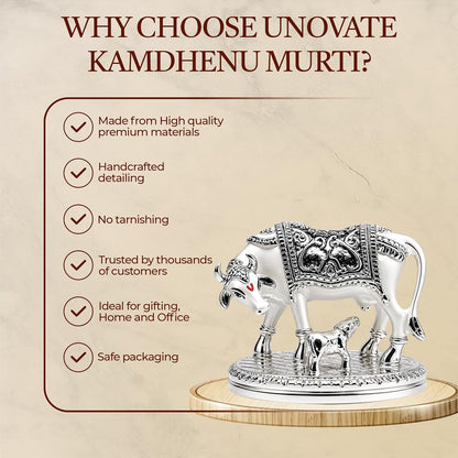 UNOVATE Kamdhenu Cow Idol for Home Temple, Pooja Room & Office Desk, Silver