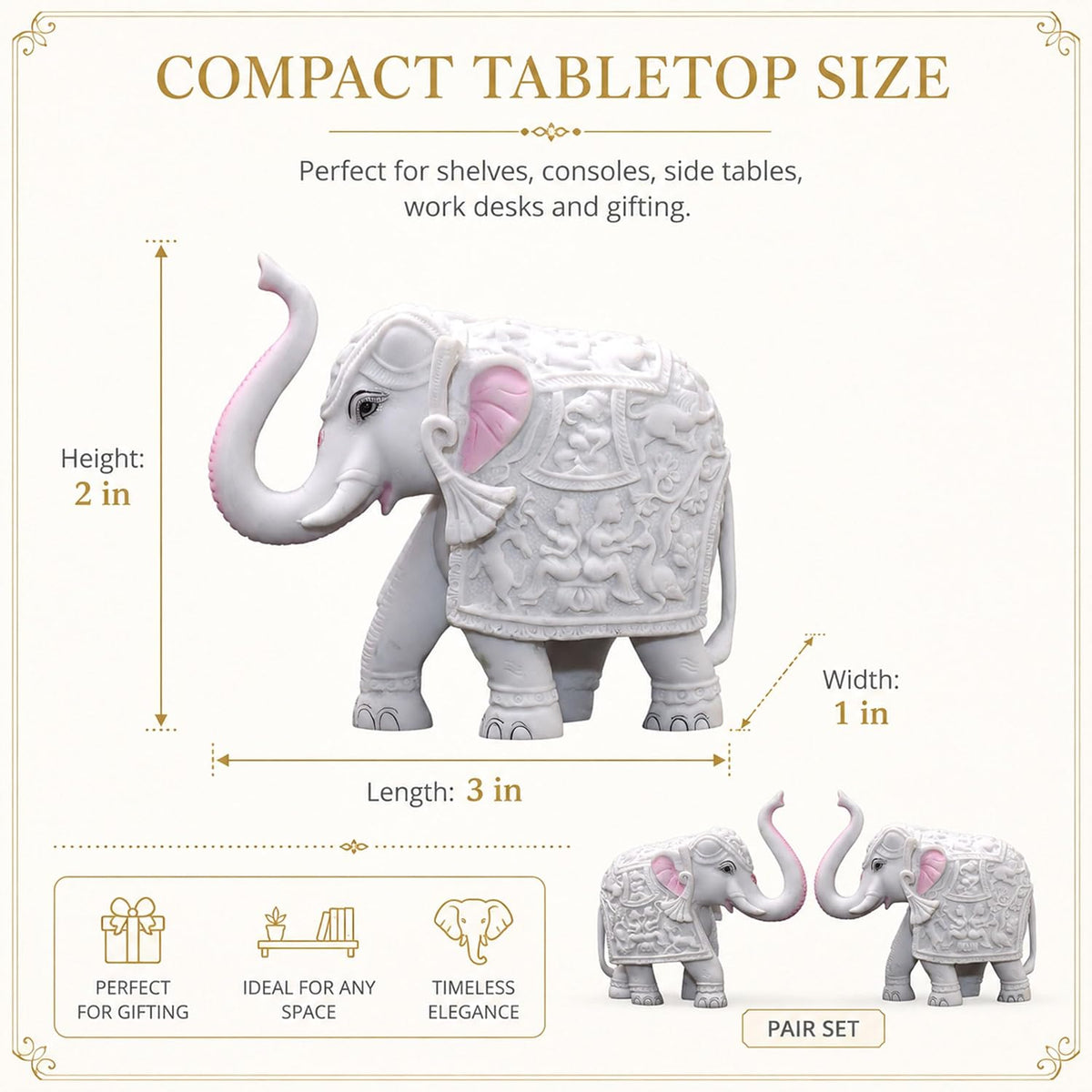 Pack of 2 White Elephant Showpieces Home Decor for Living Room, Table, Shelf, 2 x 3 inch Elephant Marble Resin Statue for Vastu, Feng Shui, Office Decor, Gifting